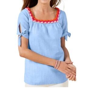 Talbots blue chambray crocheted trim linen top Size Small petite Boho Coastal